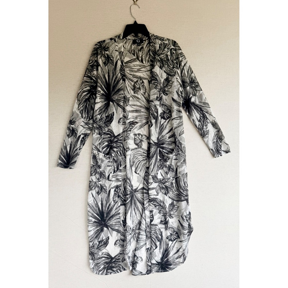 G by Giuliana Tropical Palm Print Duster Cardigan Black White Longline Large